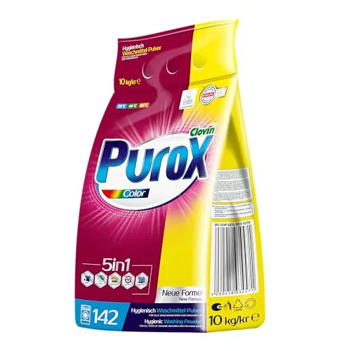 PUROX COLOR Waschpulver im Foliensack 142 Waschladungen 10 kg – Universelles Pulver für Farbige Textilien, Entfernt Flecken, Umweltfreundlich, Effizient, Schützt vor Kalk