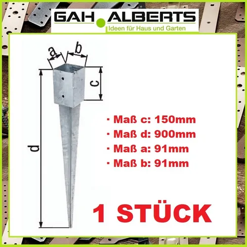 GAH Stahl Einschlagbodenhülse 91 x 91 x 150 x 900 mm für Vierkantholzpfosten