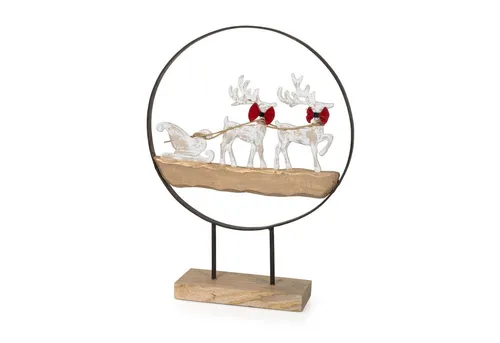Moritz Skulptur Weihnachtsfigur Rentier mit Schlitten im Metallring 53,5 cm hoch, Holz, Tischdeko, Fensterdeko, Wanddeko, Holzdeko, Weihnachtsdeko