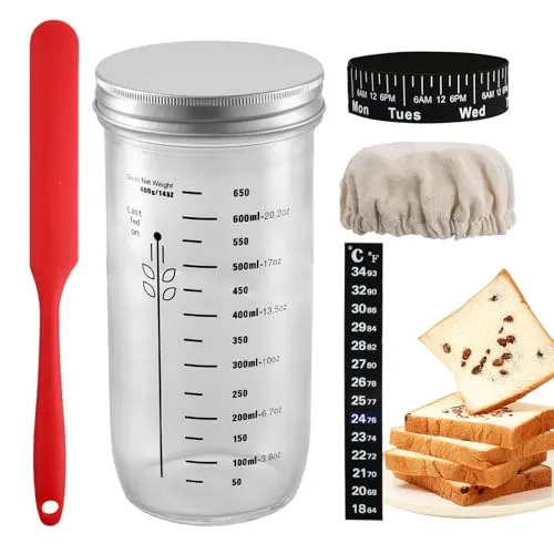 volumoon Sauerteig Starter Set, 730ml(24oz) Gärglas aus Glas mit Datumsband, Thermometer, Atmungsaktivem Stoffbezug, Schaber, Metalldeckel, Sauerteig Glas für Backzubehör zum Sauerteigbrot