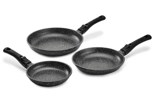 Pradel Excellence - PCUI001032-3er-Set Premium Aluminiumguss-Pfannen Ø20,24,28cm - Antihaftbeschichtung in Steinoptik – Abnehmbare Griffe – Alle Herdarten, Noir