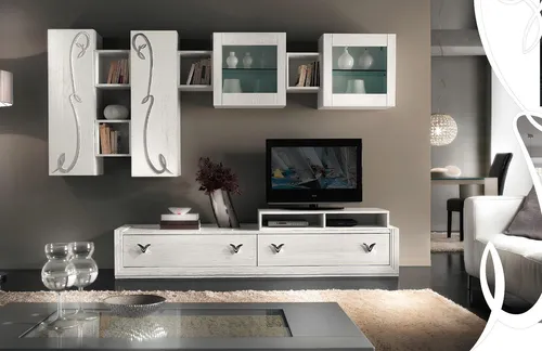 Moderne Wohnwand Vitrine aus massivem Holz - Abteilung: Erwachsene, stilvolle Wohnwand mit 2 Schubladen und 4 Türen, ideal für das Wohnzimmer, bietet viel Stauraum und elegante Regale für Ihre Unterhaltungselektronik.