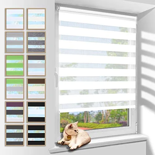 Zarnan Doppelrollo Klemmfix ohne Bohren Weiß 40x130cm(Stoffbreite 36cm) Duo Rollo Blickdicht Zebrarollo Rollos für Fenster ohne Bohren für Wohnzimmer Küche Büro lichtdurchlässig und verdunkelnd