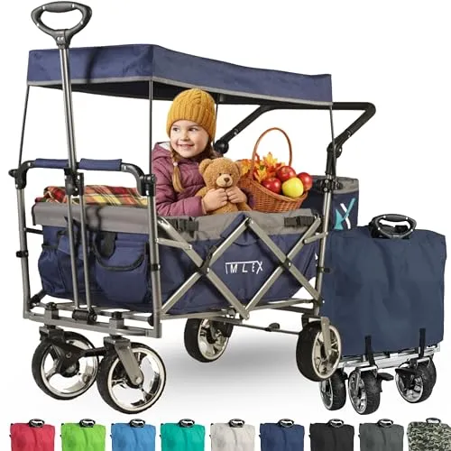 IMLEX Bollerwagen faltbar mit Dach IM-4268 Mitternachtblau - Handwagen mit hoher Stabilität und 3-Punkt Gurtsystem, ideal für sichere Ausflüge mit bis zu 2 Kindern. Ergonomischer Schiebegriff und klappbar für einfachen Transport.