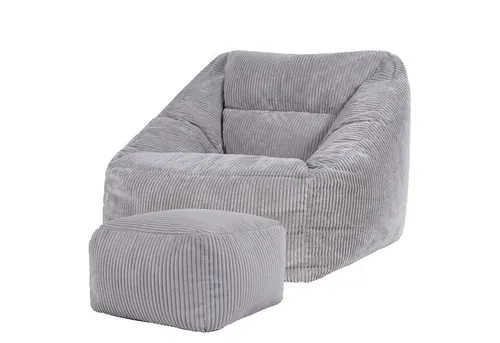 Icon Morgan Sitzsack Sessel mit Hocker, Grau - Sitzsäcke mit innovativem Paneeldesign für optimalen Komfort. Weiches Cordmaterial sorgt für Langlebigkeit und Stil in Wohnzimmer, Schlafzimmer oder Büro.