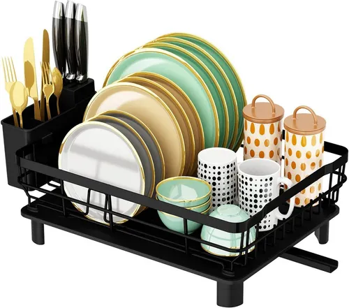 Refined Living Geschirrständer Geschirrabtropfgestell mit Abtropfmatte, Platzsparend Geschirrständer, Zubehör für Teller Abtropfständer, Multifunktionales Abtropfgestell-Set, Ablage für Küchenspüle, mit 360° Abfluss abnehmbarem und Messerfächern, Geschirrständer für die Küchenarbeitsplatte, Robustes, rostfreies, für Küchentheke,Spülbecken,Effizienten Trocknen& Verstauen von Geschirr