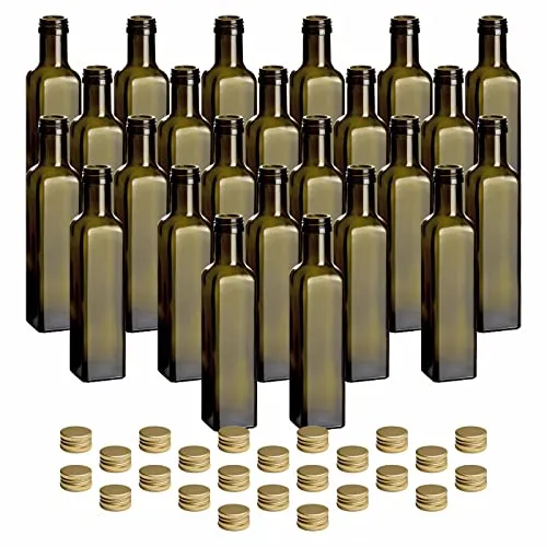 gouveo 24er Set Glasflasche 250 ml Maraska -Antik- mit Schraubverschluss goldfarben - Leere Flasche 0,25 l zum Befüllen - Glasflasche für Likör, Schnaps, Essig, Öl