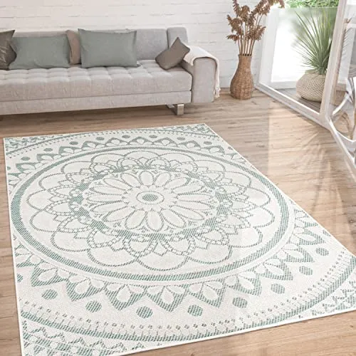 Paco Home Outdoor Teppich wetterfest & robust modernes Mandala & Boho Design pflegeleicht & flachgewebt für Balkon, Terrasse, Garten, Wohnzimmer & Küche Ethno Mandala, Grösse:60x100 cm, Farbe:Türkis