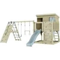 OutdoorToys Spielturm - Schaukelspielplatz für Kinder ab 3 Jahren, aus robustem Holz in Eisblau, ideal für stundenlangen Spielspaß im Garten.