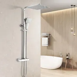 Heilmetz Regendusche Duschsystem mit Thermostat, 30x30 cm Kopfbrause & Handbrause, Duschstange Höhenverstellbar (Chrom) - Silber