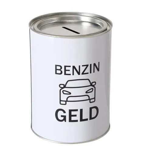 Spardose Sparschwein Schriftzug Benzingeld - Deckel abnehmbar - Wiederverwendbar Metall Sparbüchse Geldgeschenk Geschenkidee Geldspardose Metallspardose 14 x 10 cm