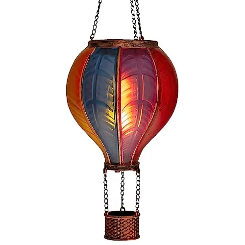 LED Solar Heißluftballon mit Flammeneffekt Beleuchtung | Lampion mit 20 warm-weißen Lichter | Gartenlaterne zum hängen | inkl. Metallkette | Gesamthöhe ca. 40,5 cm (Regenbogen)