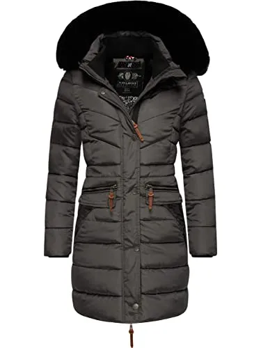 Navahoo Damen Wintermantel Paula in Anthrazit mit abnehmbarer Kunstfell-Kapuze - Kuscheliger, warmer Steppmantel für Damen in XXL. Ideal für kalte Tage mit wasserabweisendem Material und tailliertem Schnitt für eine schmeichelnde Passform.