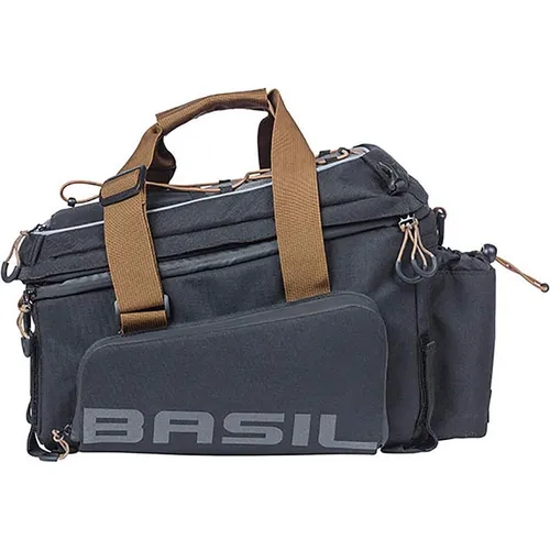 Basil Miles XL Pro Gepäckträgertasche Schwarz 31 x 23 x 20 cm - Fahrradtasche aus 100% wasserfestem Polyester mit 17 Litern Stauraum, Rollverschluss und Reflektor für erhöhte Sicherheit – ideal für Einkäufe und Touren.