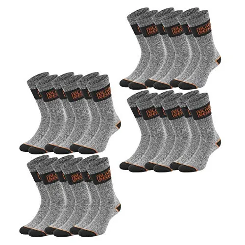 BLACK+DECKER Unisex Herren Damen Arbeitssocken Essential Work Crew Socken 12er Pack Schwarz Grau Melange Baumwolle, Größe:47-49, Farbe:12 Paar Grey