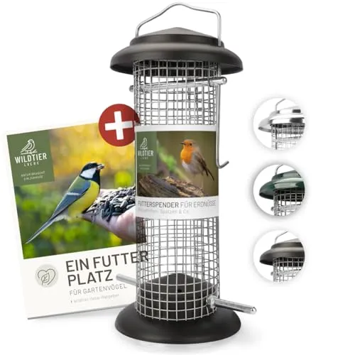 wildtier liebe Vogelfutterspender 23,5cm, Schwarz - Erdnussfutterspender aus rostfreiem Metall, Vogel Futterstation, Futtersäule, Nüsse Erdnüsse, Wildvögel Futtersilo