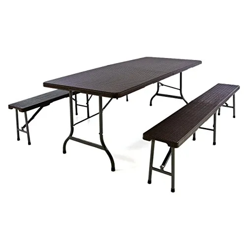Nexos Gartengarnitur 1 Partytisch 2 Bänke klappbar Rattan-Optik Bierzeltgarnitur braun Set Festzelt Campingset Klapptisch robust Wetterfest