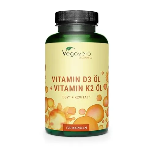 Vegavero® Vitamin D3 K2 Öl Kapseln - Laborgeprüft & Vegan - Vitamin D Präparate mit 1000 IE Vitamin D3 und 100 µg K2VITAL für optimale Immunabwehr und Knochengesundheit, hergestellt in Deutschland, 100% vegan und ohne Zusatzstoffe.