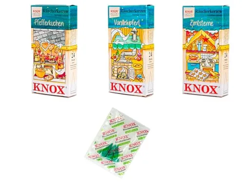 KNOX Weihnachtbäckerei Räucherkerzen Plätzchen 3er Set - Düfte: Zimtsterne, Vanillekipfel & Pfefferkuchen - Menge: 72 Stück Inklusive 3 Räucherkerzen M Meeresbriese als Probe - Made in Germany