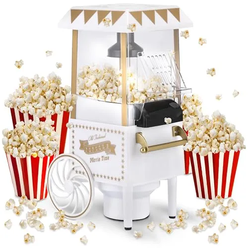 NK Popcornmaschine Retro 1.200W Heißluft – Popcorn Maker Ohne Öl, 0.3L Klein und Kompakt, Schnelle Zubereitung in 2 Min, Für Zuhause, Vintage Design (Weiß)
