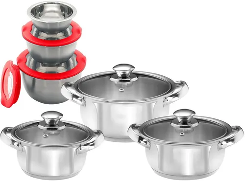 KING Topf-Set, Edelstahl (Set, 12-tlg., 3 Kochtöpfe Ø16 Ø18 Ø20cm, mit Glasdeckel, Schüsselset), Induktion