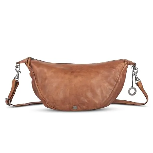 Cas8 Halbmondtasche LENI - Moon Bag groß mit verstellbarem Schultergurt, Umhängetasche aus Echtleder mit Reißverschluss, Schultertasche im Used-Look, cognac