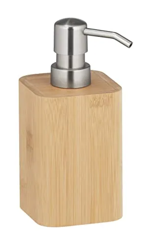 WENKO Seifenspender Bambusa, nachfüllbare Pumpflasche aus nachhaltigem Bambus, hochwertiger Pumpspender für Küche & Bad, Badaccessoire mit Füllmenge für bis zu 220ml Seife, 9,3 x 16,5 x 7,2 cm, Natur