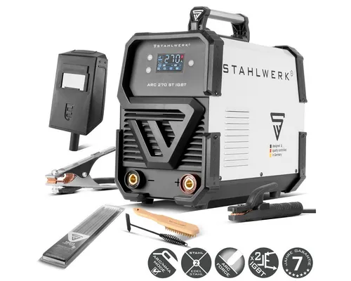 STAHLWERK Schweißgerät ARC 270 ST - 270 A MMA/E-Hand - Leistungsstarkes 270 A Schweißgerät für Elektrodenschweißen ohne Schutzgas, kompakt und nur 10,3 kg leicht. Mit modernster IGBT-Technologie und vielseitigen Schutzfunktionen für maximale Sicherheit.