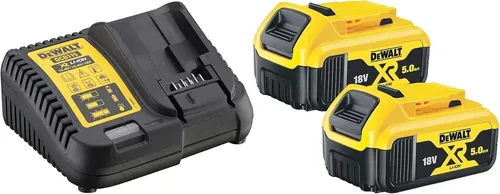 DeWalt Akku-Starter-Kit mit Schnellladegerät und 2x 5.0Ah Akkus - Akkuschrauber-Zubehör mit 2 leistungsstarken 5.0Ah Li-Ion Akkus und Schnellladegerät für effizientes Arbeiten ohne Unterbrechungen.