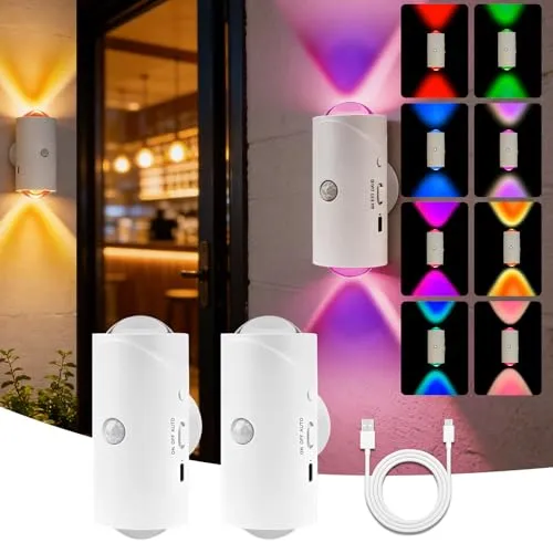 HOSSOM 2 Stück Intelligentes LED-Nachtlicht, Kabellose LED Wandleuchte Innen mit Bewegungssensor, RGB Farbverlauf, Magnetische Sunset Lamp, Wiederaufladbare Wandlampe für Wohnzimmer Schlafzimmer Flur