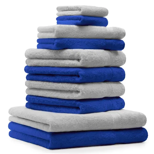 Betz Handtuch Set 10-TLG. Premium Silber Grau & Royal Blau - Hochwertiges 10-tlg. Handtuch-Set von Betz, bestehend aus 2 Duschtüchern, 4 Handtüchern, 2 Gästetüchern und 2 Waschhandschuhen. 100% Baumwolle, flauschig und saugstark für ein angenehmes Badeerlebnis.