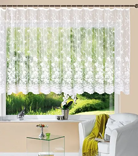 Gardinenbox Vorhang Weiß 450x145 cm - Hochwertiger Jacquard Store mit Blumenmuster, lichtdurchlässig und pflegeleicht. Ideal für ein stilvolles Ambiente in Ihrem Wohnraum. Oeko-Tex® Standard 100.