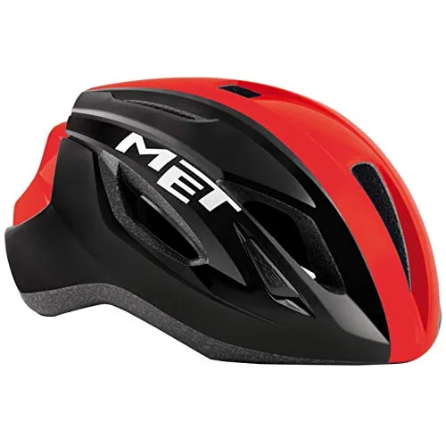 MET Fahrradhelm Strale, Rot Schwarz - Glänzend, S - Fahrradhelm mit optimaler Aerodynamik und Belüftung, ideal für Rennradfahrer. In-Mould-Polycarbonat-Schale, anpassbar und mit reflektierenden Aufklebern für erhöhte Sicherheit.