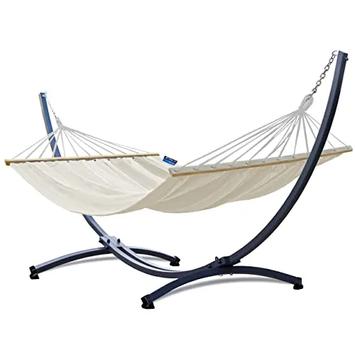 Potenza Outdoor Hängematte mit Gestell für 2 Personen I Stabhängematte XXL 220x160, 200kg I Hängemattengestell 220kg Wetterfest (Ecru, Basic Gestell Graphit)