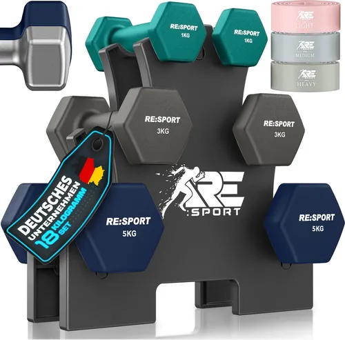RE:SPORT® Hantel-Set 18 kg mit Ständer & Fitnessbändern