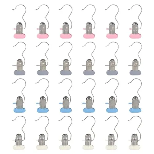 Wäscheklammern Edelstahl, 24 Stück Edelstahl Wäscheleine Klammern, rutschfest Kleiderbügel Clip, 360° Drehbarer Stiefel Aufhänger für Handtuch, Kleidung, Socken, Hosen, Schuhe (Mehrfarbig)