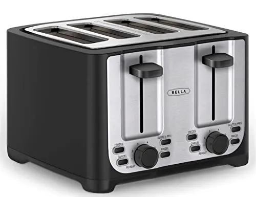 bella 4 Scheiben Toaster mit Automatischer Abschaltung, Extra Breite Schlitze und Abnehmbare Krümelschublade Sowie Abbruch, Auftau- und Aufwärmfunktion, Edelstahl und Schwarz