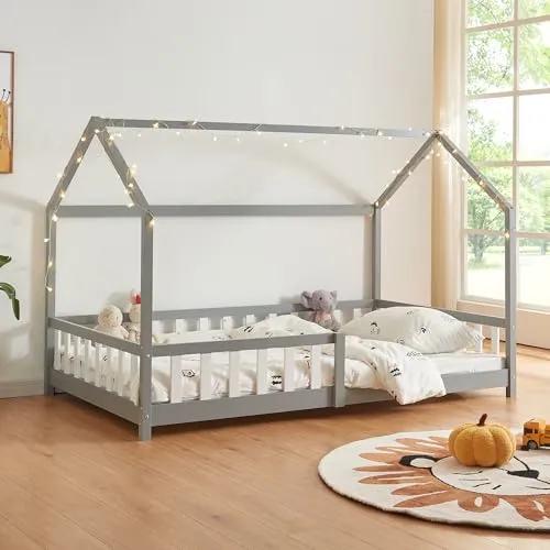 [en.casa] Kinderbett Hesel Hausbett Grau 120 x 200 cm mit Rausfallschutz - Kleinkindbett aus Kiefernholz mit charmantem Hausdesign und effektivem Rausfallschutz für sicheren Schlaf. Ideal für kleine Abenteurer, robust und einfach aufzubauen.