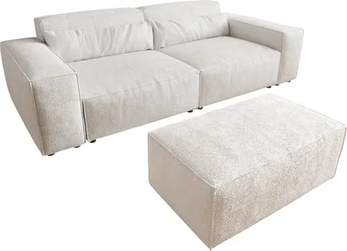 DELIFE Big-Sofa Sirpio 230x95 cm Bouclé Creme-Weiß mit Hocker, Big Sofas