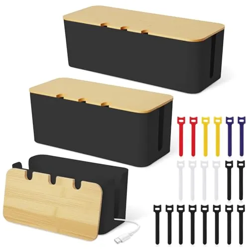 Stück Kabelbox Schwarz, Kabelmanagement Box, Kabel Box mit Holzdeckel, Cable Management Box mit 20 bunten Kabelbindern zur Aufbewahrung, zum Verstecken und Ordnen in Groß, Mittel und Klein 3