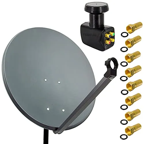 PremiumX 60cm Satelliten-Komplettanlage Anthrazit - SAT-Antenne mit hochwertigem Quad LNB für bis zu 4 Teilnehmer, wasserdicht und UV-beständig für zuverlässigen Empfang in jeder Wetterlage.