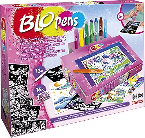 Blopens Kreativset Sprühstifte Set XL Fantasie - Kreativkästen mit 13 bunten Sprühstiften und 16 Schablonen, ideal für Kinder ab 5 Jahren, fördert die Kreativität und ist als praktischer Stiftehalter nutzbar.