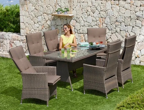 MERXX Garten-Essgruppe Valencia - 6 verstellbare Relaxsessel & Tisch 150x80 cm - Gartenmöbel-Set für 6 Personen, inklusive bequemen Auflagen und verstellbaren Relaxsesseln, ideal für entspannte Stunden im Freien.