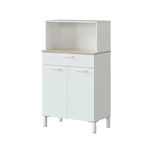 Habitdesign Küchenschrank - Elegantes Sideboard in Arktis-Weiß mit Eichenakzenten - Midi- & Hochschrank für Küchen, bietet durch 2 Türen und 1 Schublade viel Stauraum. Hochwertiges Melamin-Finish und pflegeleicht, ideal für moderne Küchen.