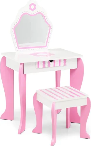 GOPLUS Kinder Schminktisch Set mit Hocker und Spiegel - Charmantes 2-in-1 Schminktisch Set für Mädchen, ideal für Schminken und Lernen. Robuste MDF-Konstruktion mit sicherem Design und viel Stauraum für Beauty-Accessoires.