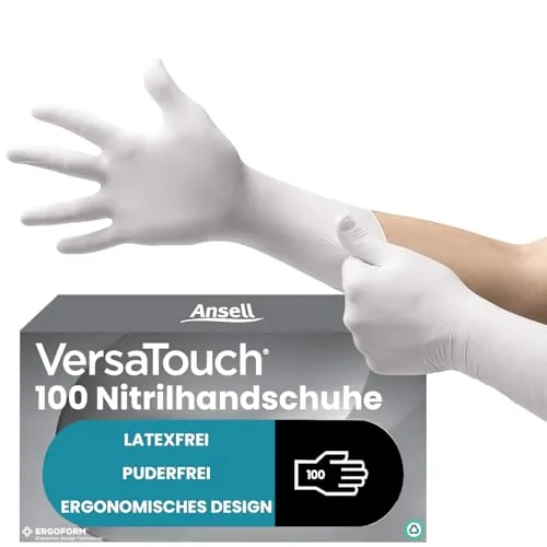 Ansell VersaTouch 92-205 Latexfreie Einweghandschuhe, Lebensmittel Handschuhe Puderfrei, Einmalhandschuhe Weiß, Chemikalien-Schutzhandschuhe, Nitrilhandschuhe XL (100 Stück)