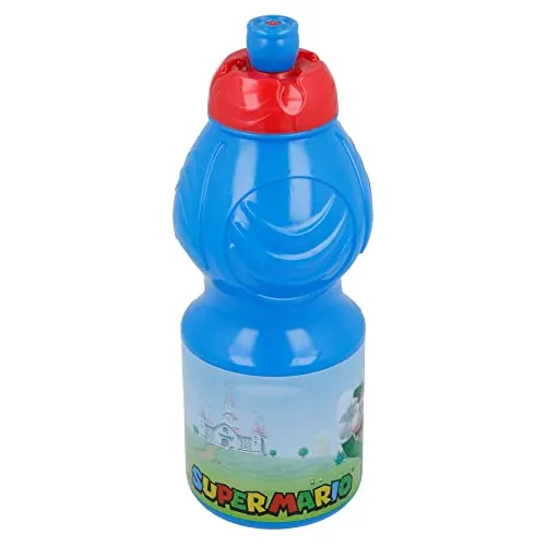 Stor Originalflasche für Kinder mit Super Mario-Grafik 400 ml, BPA-frei, mit Tropfverschluss, rutschfestem Band und ergonomischer Form.