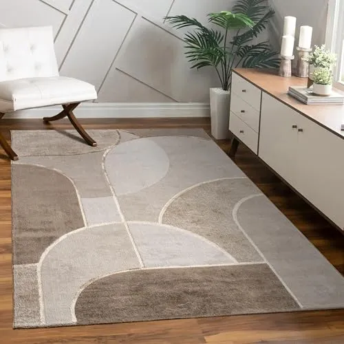 Paco Home Teppich Wohnzimmer Schlafzimmer Kurzflor Geometrisches Muster Bogen Abstraktes Design 3D Optik Moderne Deko Beige Creme, Grösse:240x340 cm