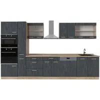 Vicco Küchenzeile R-Line, Schwarz Beton/Goldkraft Eiche, 350 cm - Küchenzeilen mit höhenverstellbaren Füßen für optimale Anpassung und maximalen Stauraum. Ideal für moderne Küchen, langlebig und vielseitig erweiterbar.