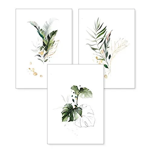 3-teiliges Premium Poster-Set | Kunstdruck | Botanik grün | Blätter | Deko Bild für Ihre Wand | optional mit Rahmen | Wohnzimmer Schlafzimmer Modern Fine Art | DIN A4 / A3 (A3, ohne Rahmen)